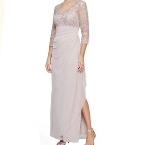 Alex Evenings Long V Neck Empire Waist Cascade Ruffle Faded Rose Size 4